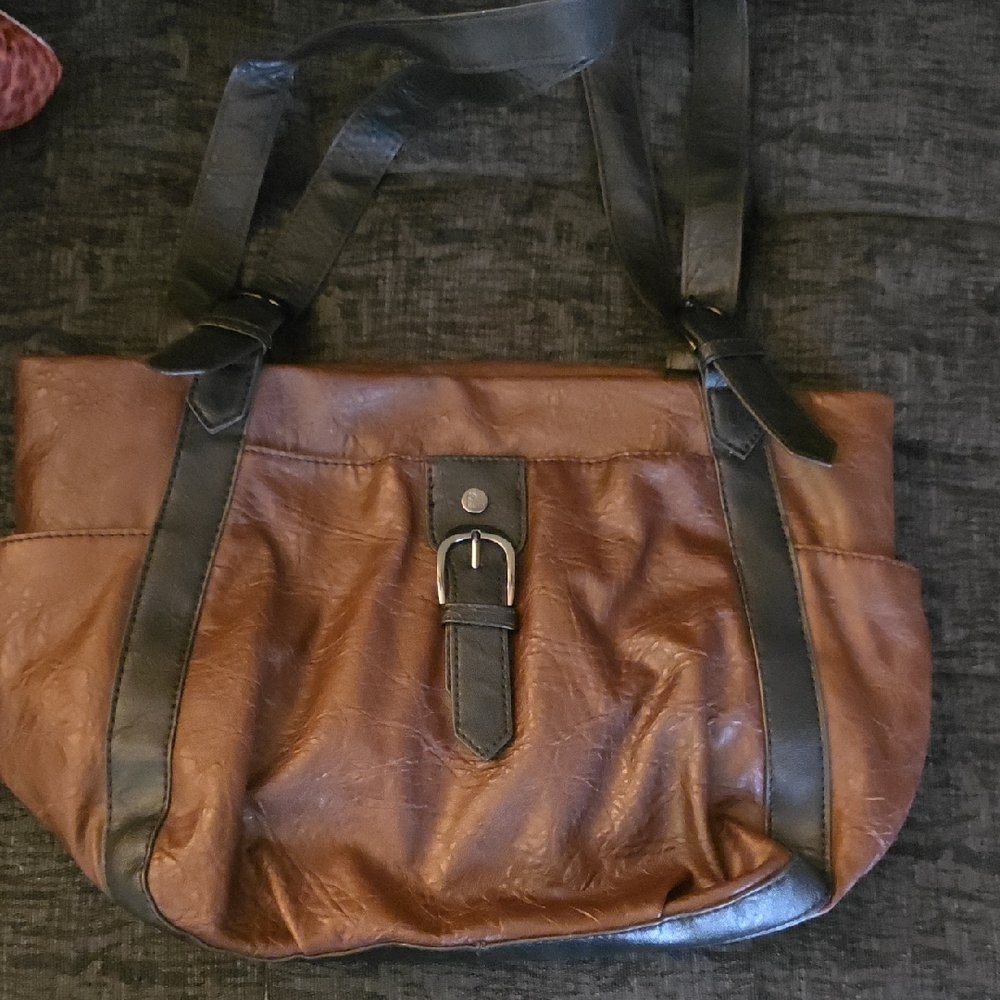 Plum Two-Tone Shoulder Bag – Brown & Black Faux Leather –approx 15x10x5